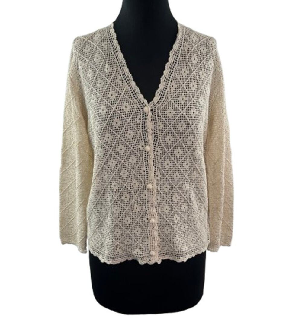Vintage Knit Shanghai Beige Top Cotton Floral Perforated Plunge Neck L Large VTG